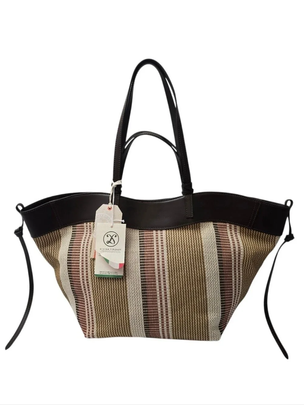 Artisanal Structured Woven Striped Tote Bag With Leather Trim & Dual Straps